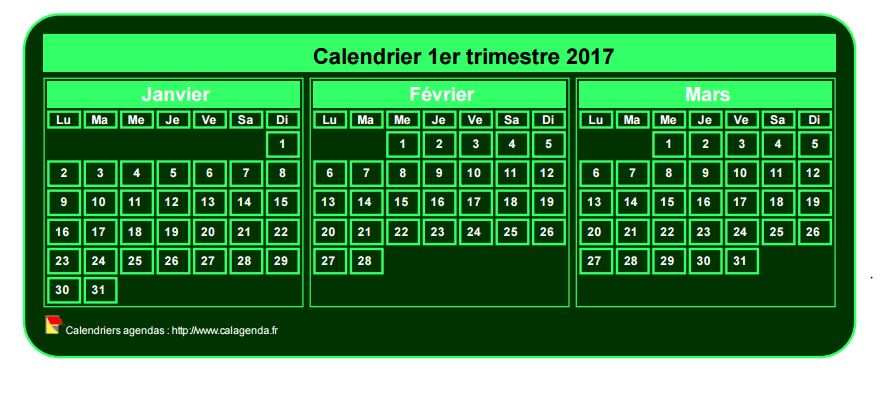 Calendrier 2017 à imprimer trimestriel, format mini de poche, fond vert Calendrier 2017 à imprimer trimestriel, format mini de poche, fond vert