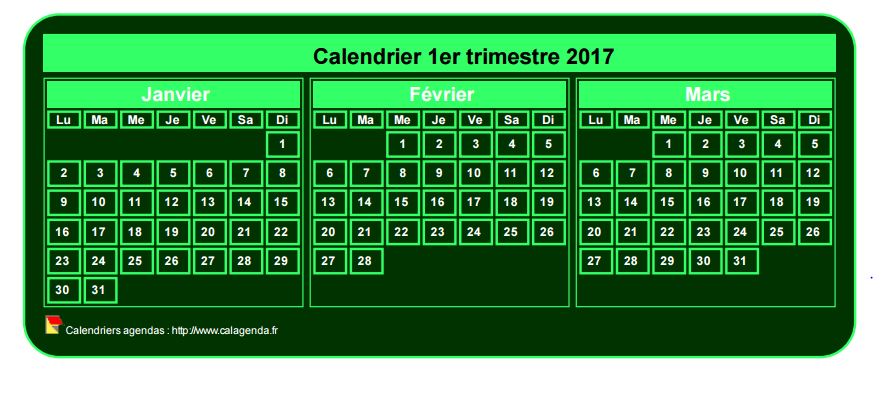 Calendrier 2017 à imprimer trimestriel, format mini de poche, fond vert