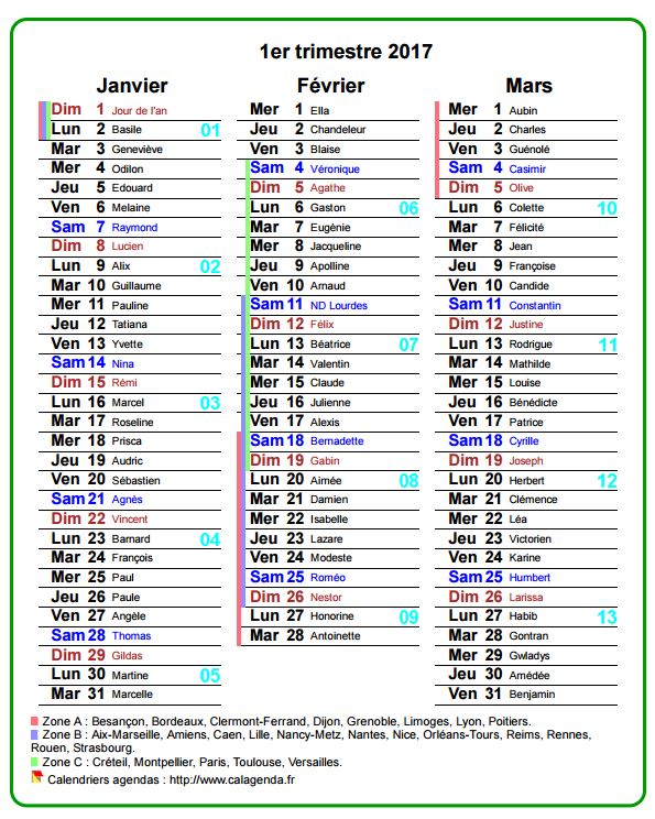 Agenda 2017 trimestriel avec couleurs du texte différentes pour le samedi et le dimanche