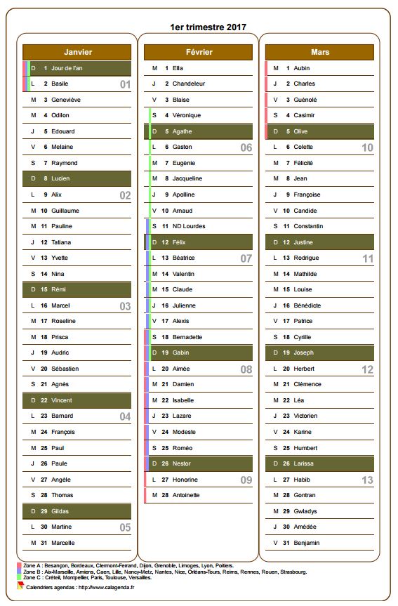 Calendrier 2017 trimestriel avec agenda détaillé, format portrait, une colonne par mois Calendrier 2017 trimestriel avec agenda détaillé, format portrait, une colonne par mois