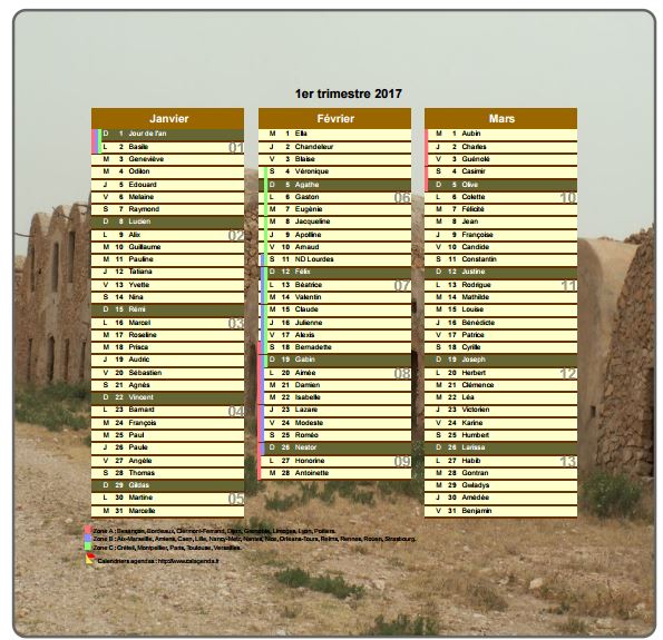 Calendrier 2017 trimestriel décoratif avec photo, format portrait, une colonne par mois Calendrier 2017 trimestriel décoratif avec photo, format portrait, une colonne par mois