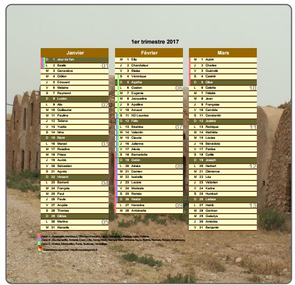 Calendrier 2017 trimestriel décoratif avec photo, format portrait, une colonne par mois