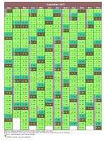 Calendrier 2017 annuel décoratif, 12 colonnes, cadre photo vert, avec les vacances scolaires