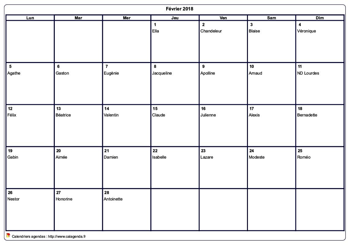 Calendrier février 2018 à imprimer vierge, avec les fêtes