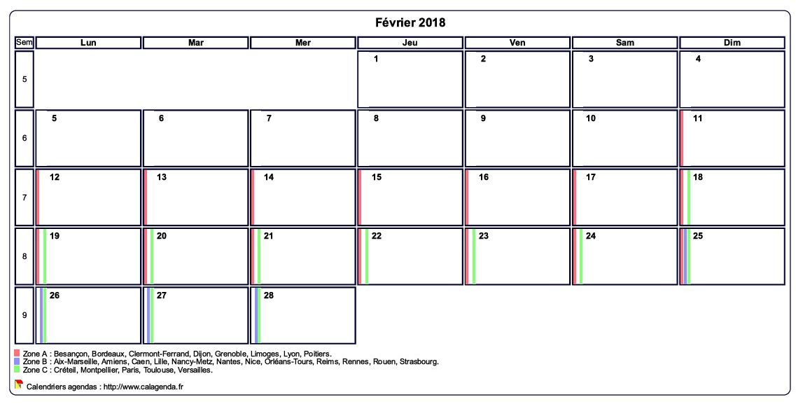 Calendrier février 2018 personnalisable avec les vacances scolaires
