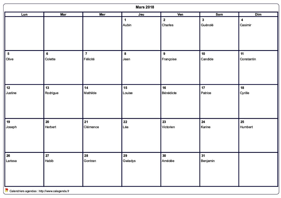 Calendrier mars 2018 à imprimer vierge, avec les fêtes