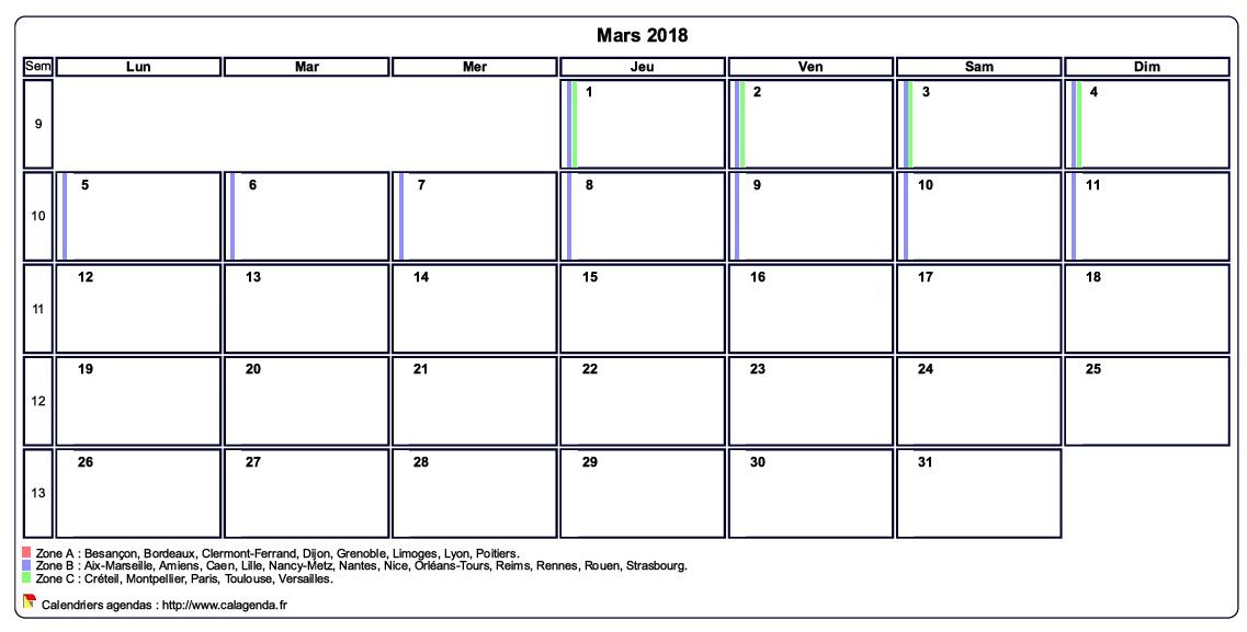 Calendrier mars 2018 personnalisable avec les vacances scolaires