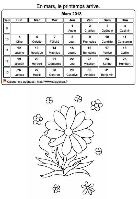 Calendrier 2018 à colorier du mois de mars