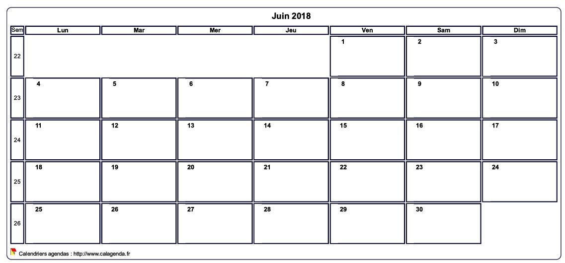 Calendrier juin 2018 personnalisable avec les vacances scolaires