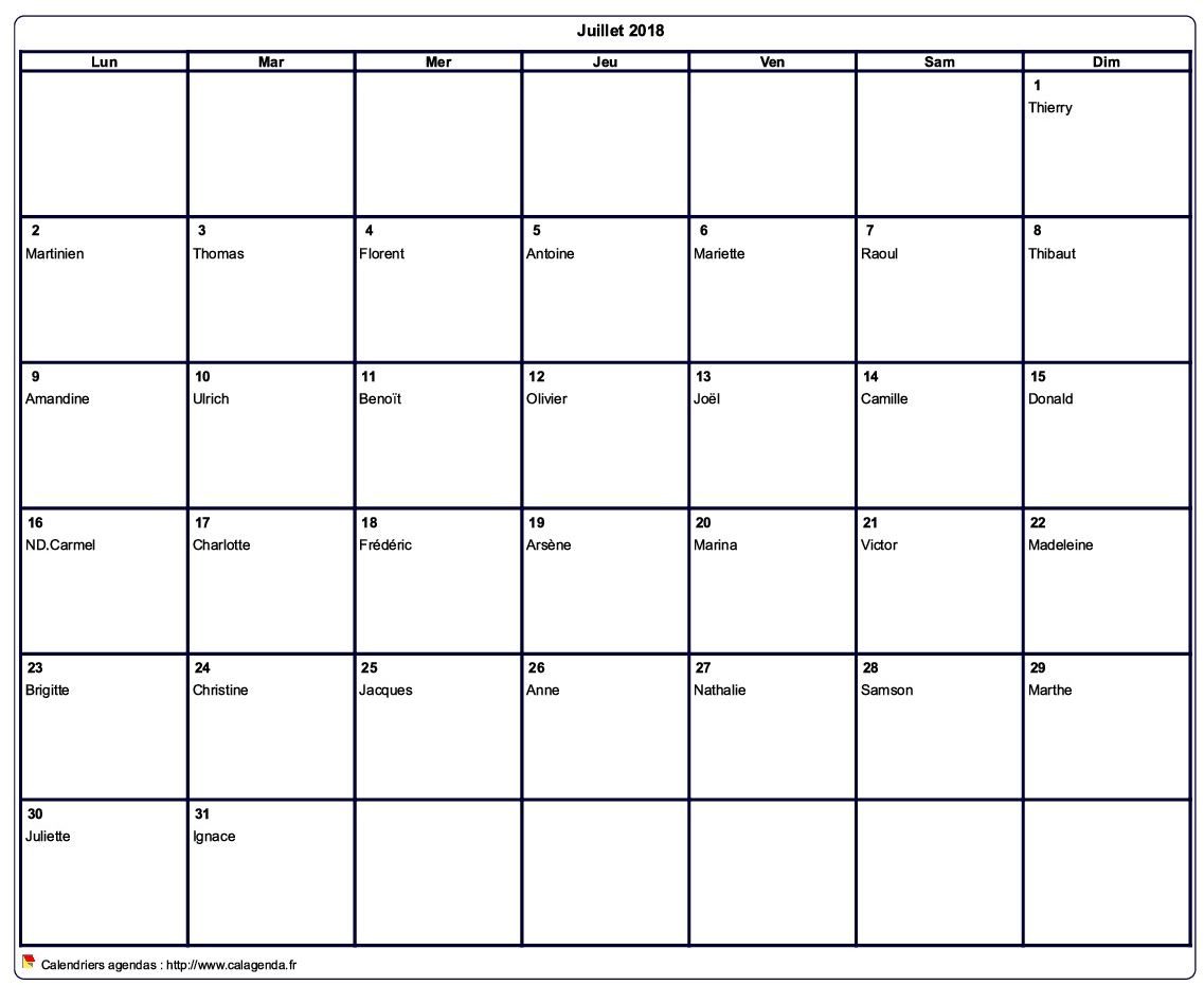 Calendrier juillet 2018 à imprimer vierge, avec les fêtes Calendrier juillet 2018 à imprimer vierge, avec les fêtes