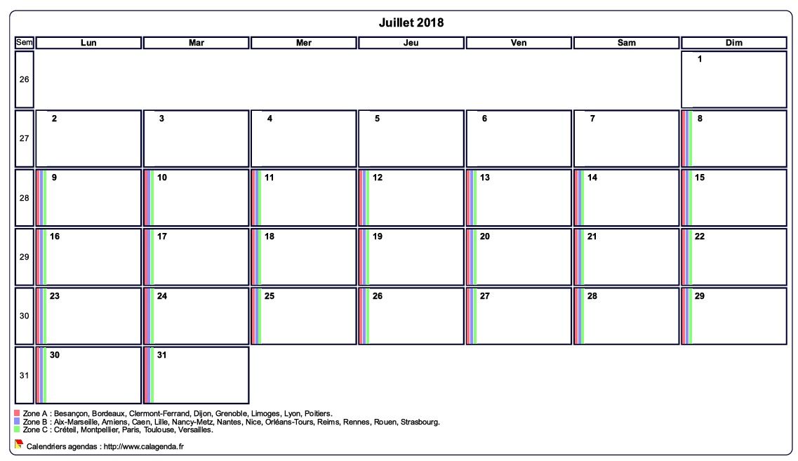 Calendrier juillet 2018 personnalisable avec les vacances scolaires