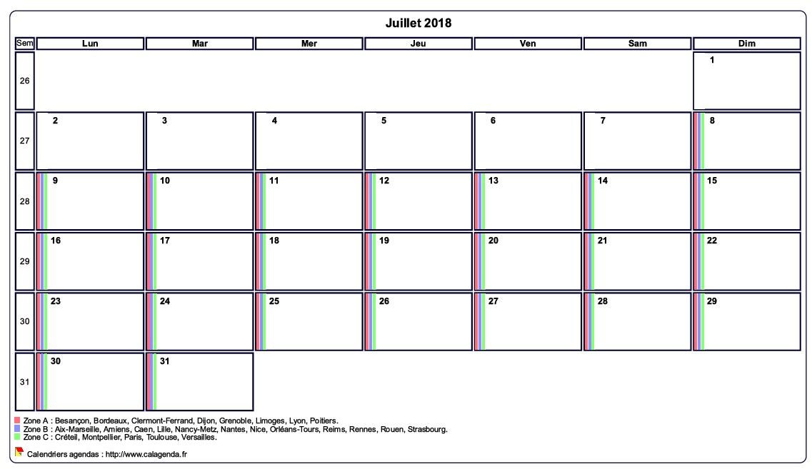 Calendrier juillet 2018 personnalisable avec les vacances scolaires