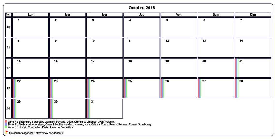 Calendrier octobre 2018 personnalisable avec les vacances scolaires