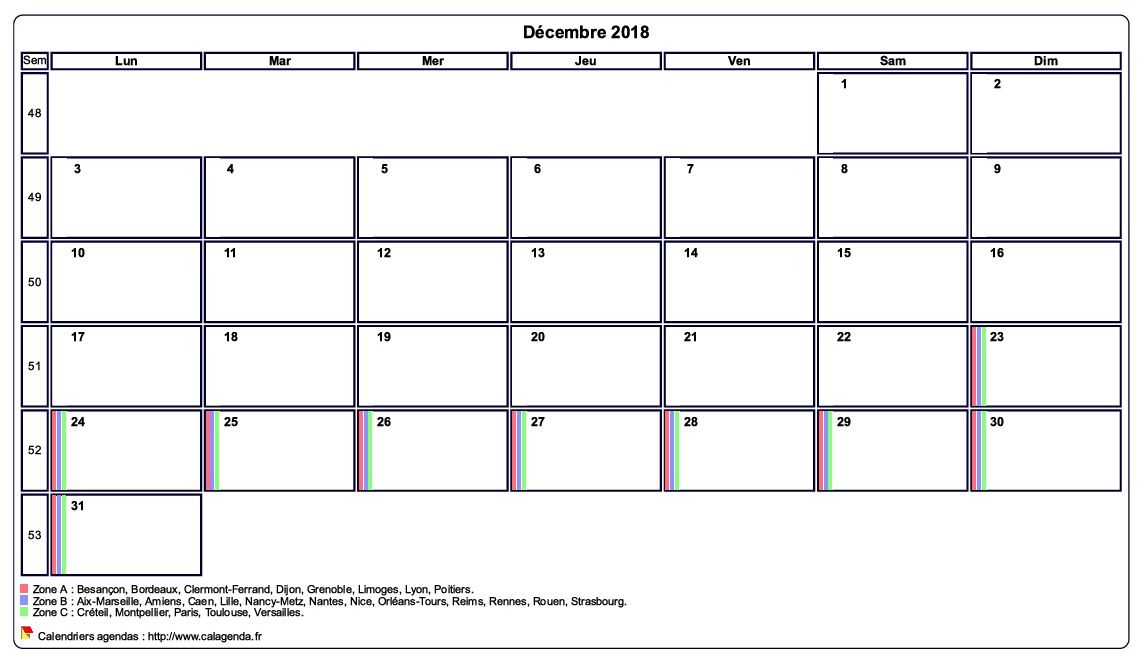 Calendrier décembre 2018 personnalisable avec les vacances scolaires