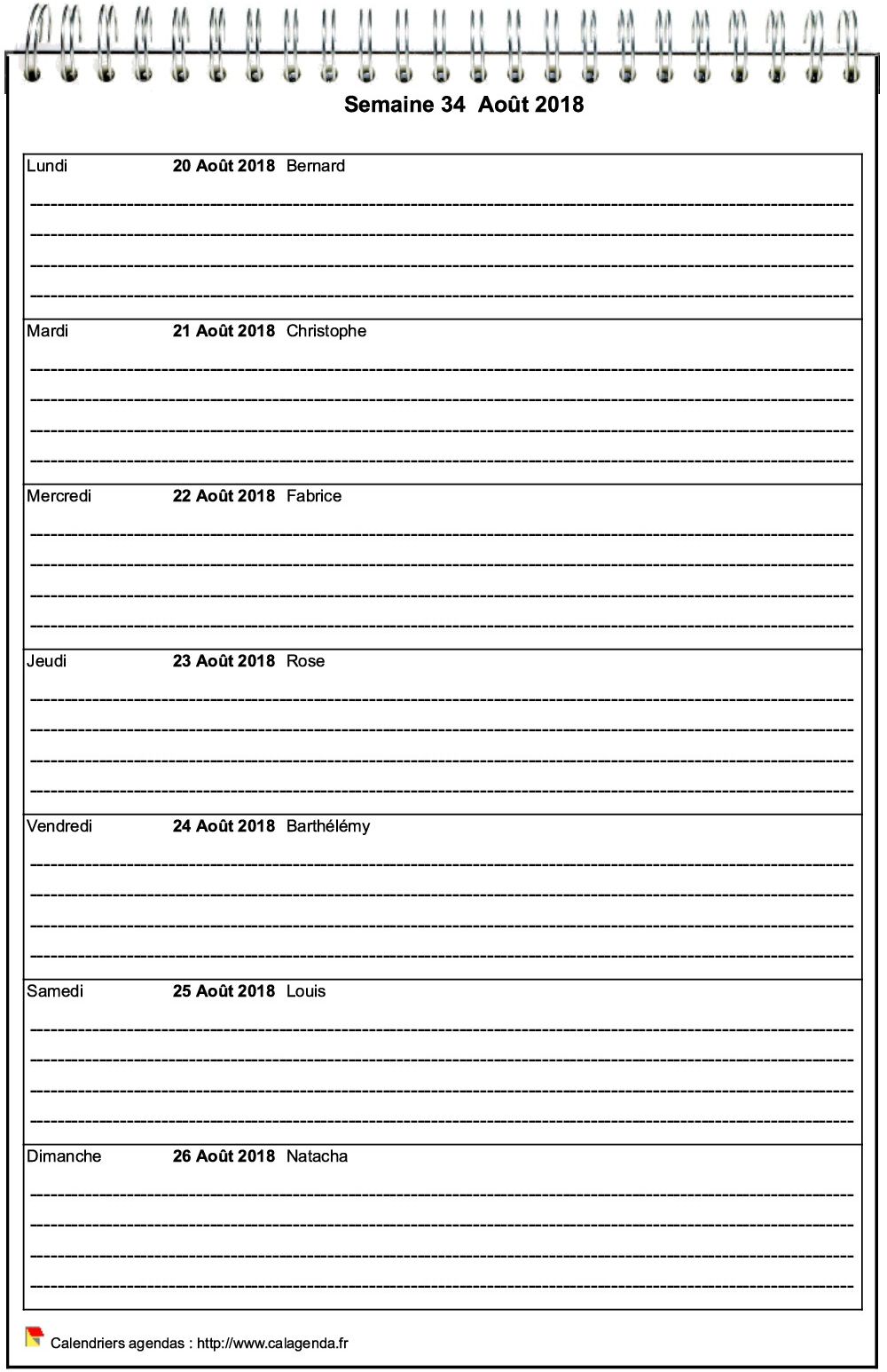 Calendrier hebdomadaire à imprimer de format portrait