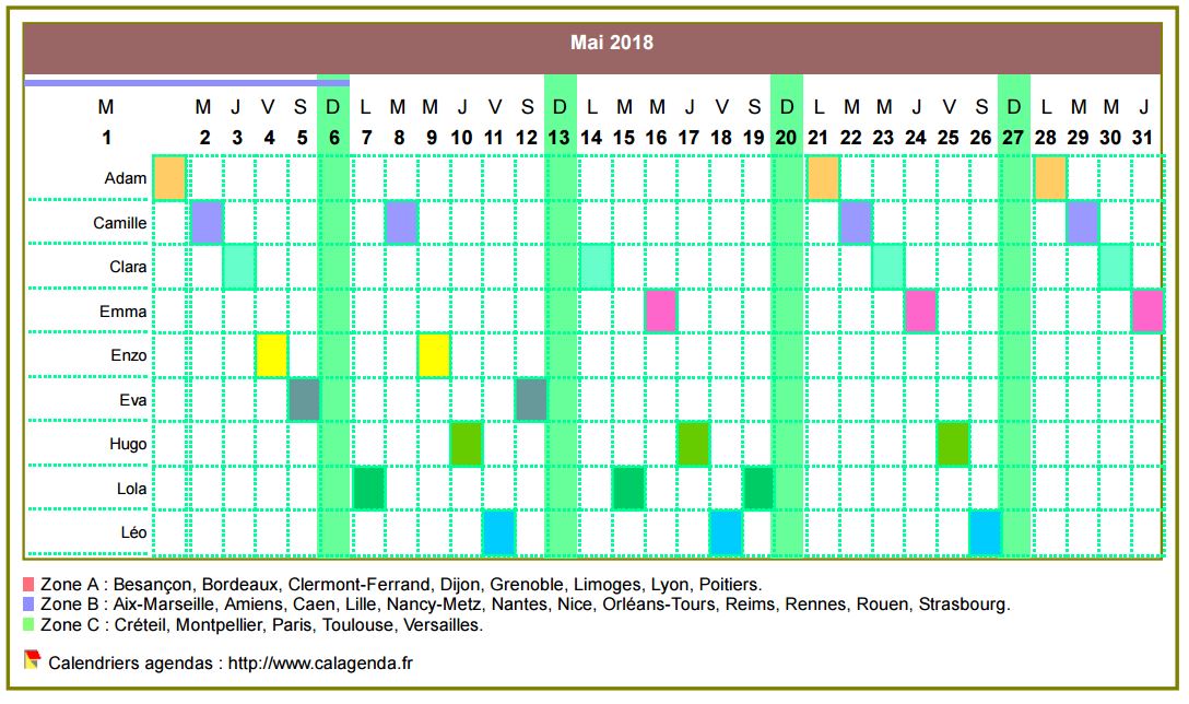 Calendrier 2018 planning horizontal mensuel