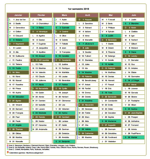 Calendrier 2018 à imprimer, semestriel, avec les fêtes, format portrait, une colonne par mois