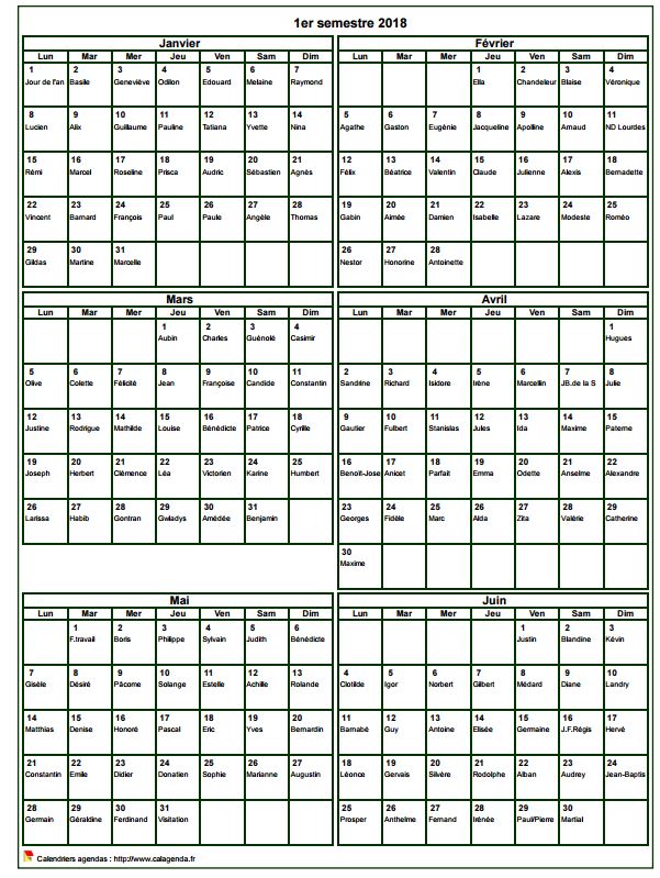 Calendrier 2018 à imprimer semestriel, format portrait, avec les fêtes