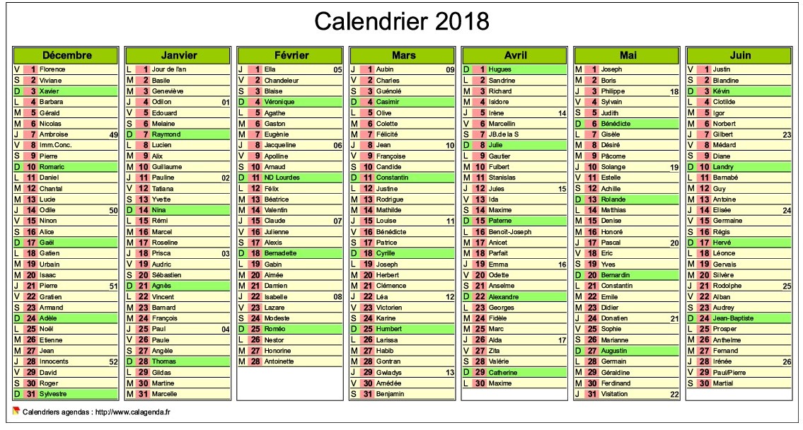 Calendrier 2018 semestriel de sept mois