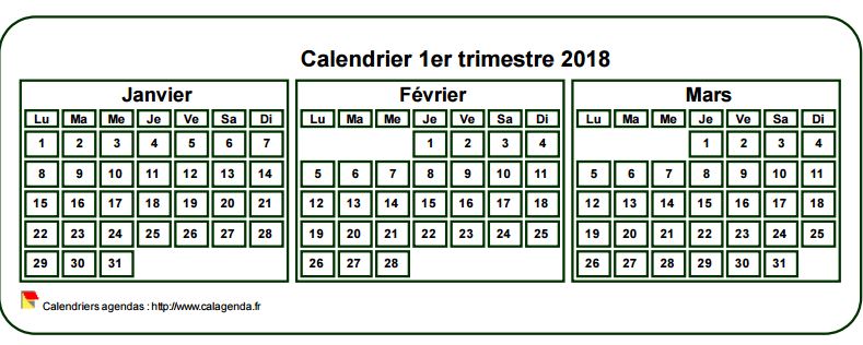 Calendrier 2018 à imprimer trimestriel, format mini de poche, fond blanc