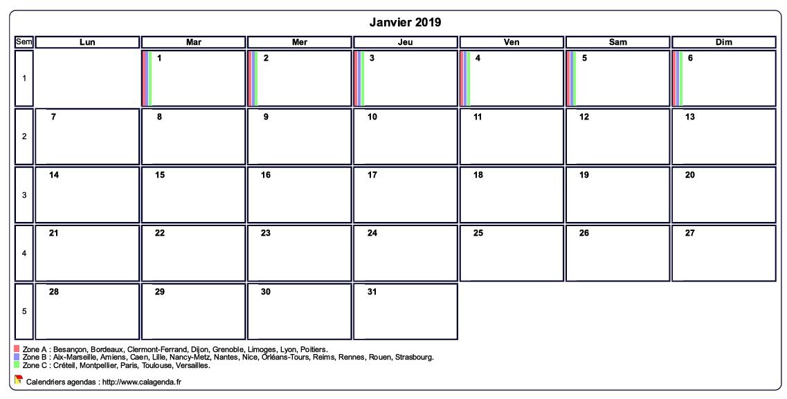 Calendrier janvier 2019 personnalisable avec les vacances scolaires