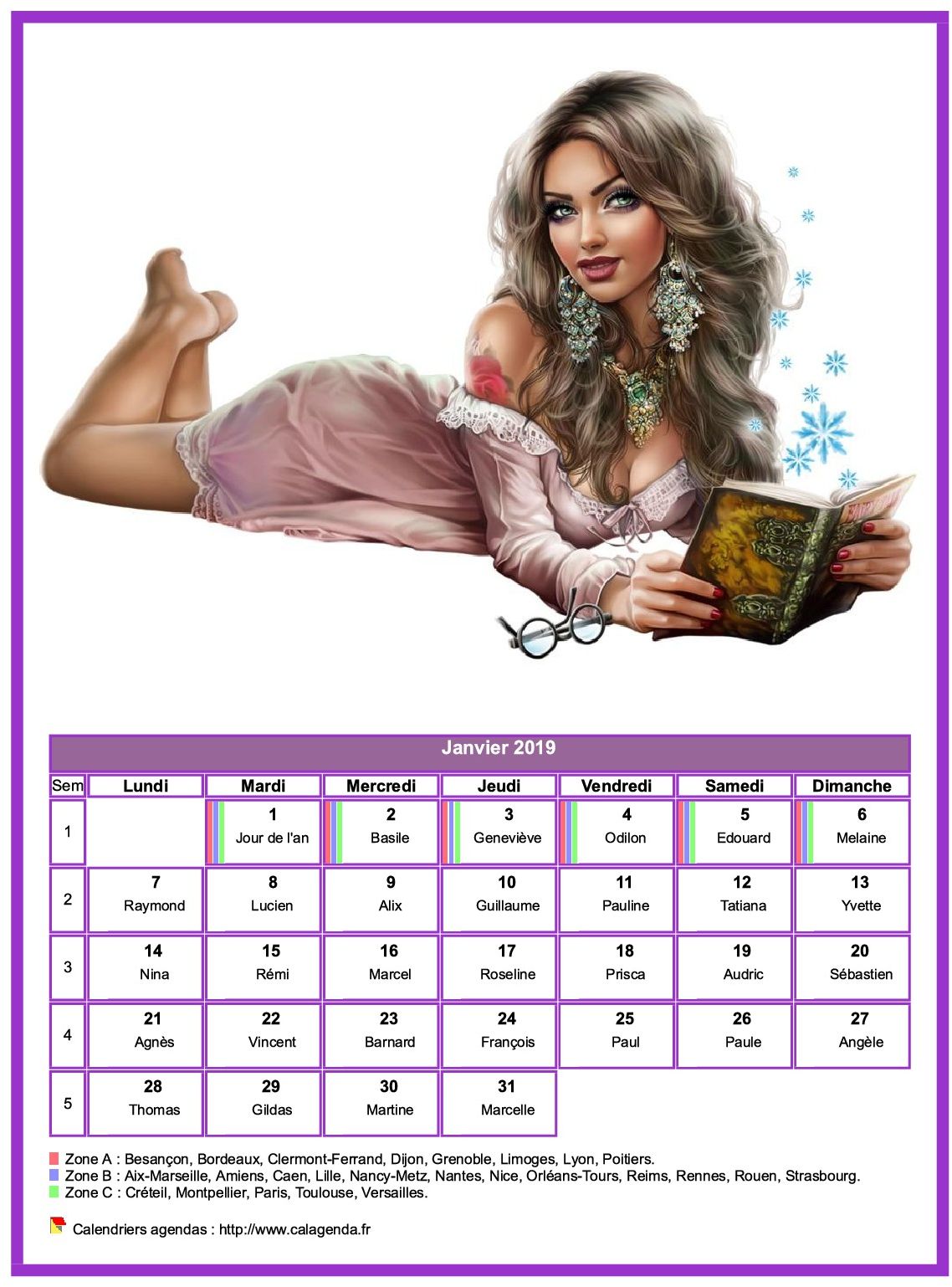 Calendrier janvier 2019 femmes