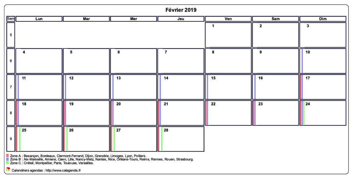 Calendrier février 2019 personnalisable avec les vacances scolaires