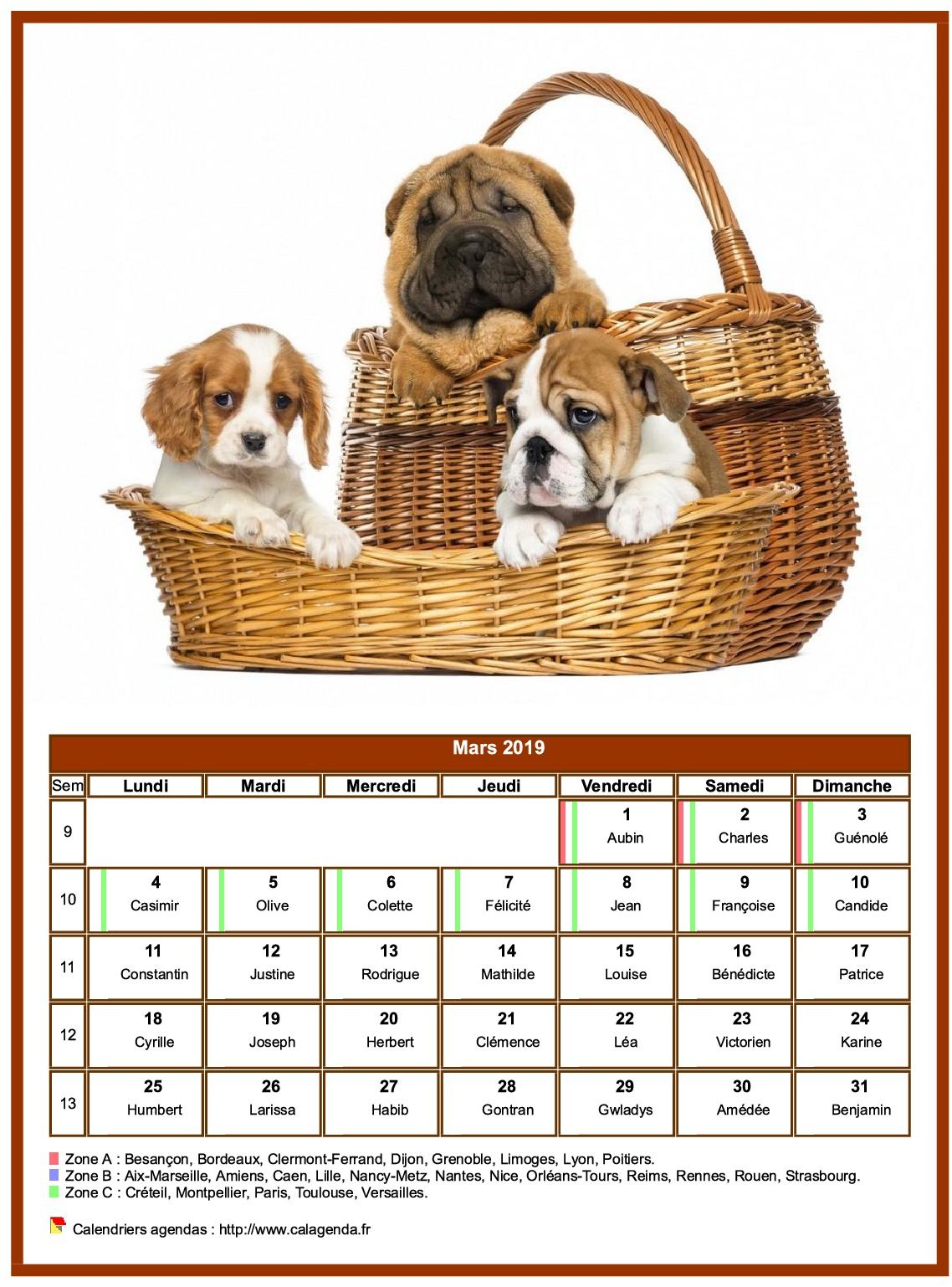 Calendrier mars 2019 chiens