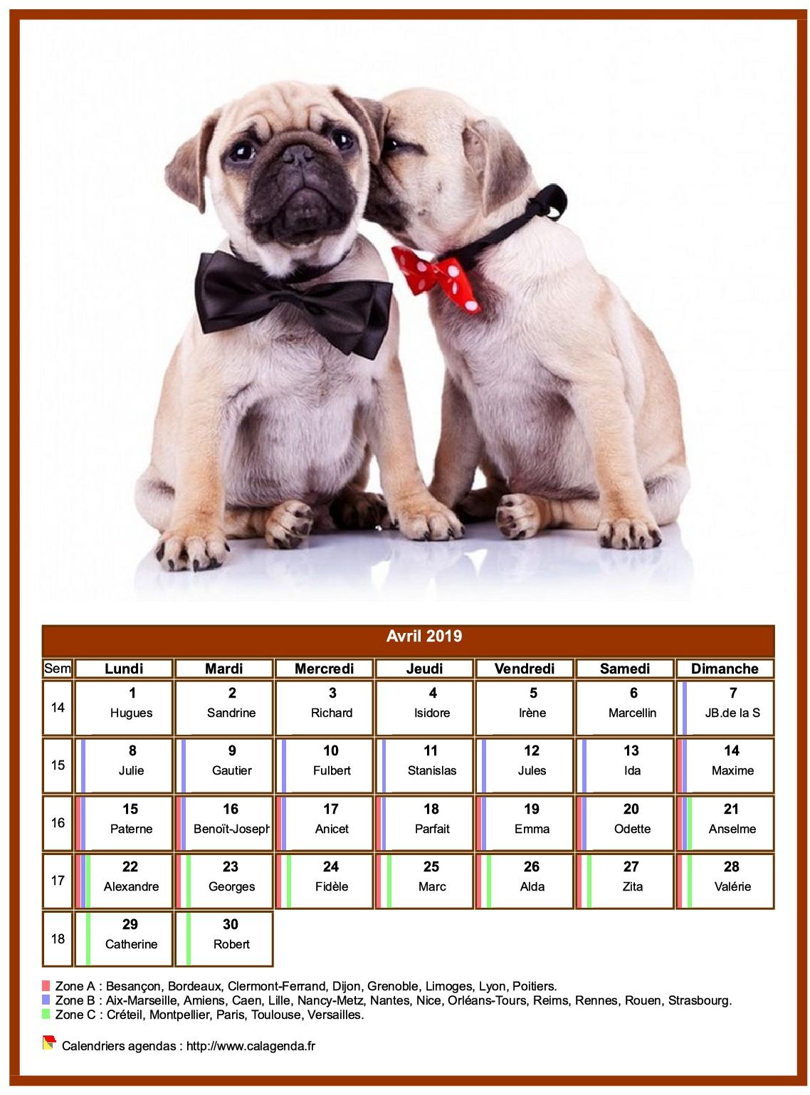 Calendrier avril 2019 chiens