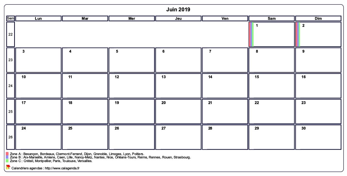 Calendrier juin 2019 personnalisable avec les vacances scolaires Calendrier juin 2019 personnalisable avec les vacances scolaires