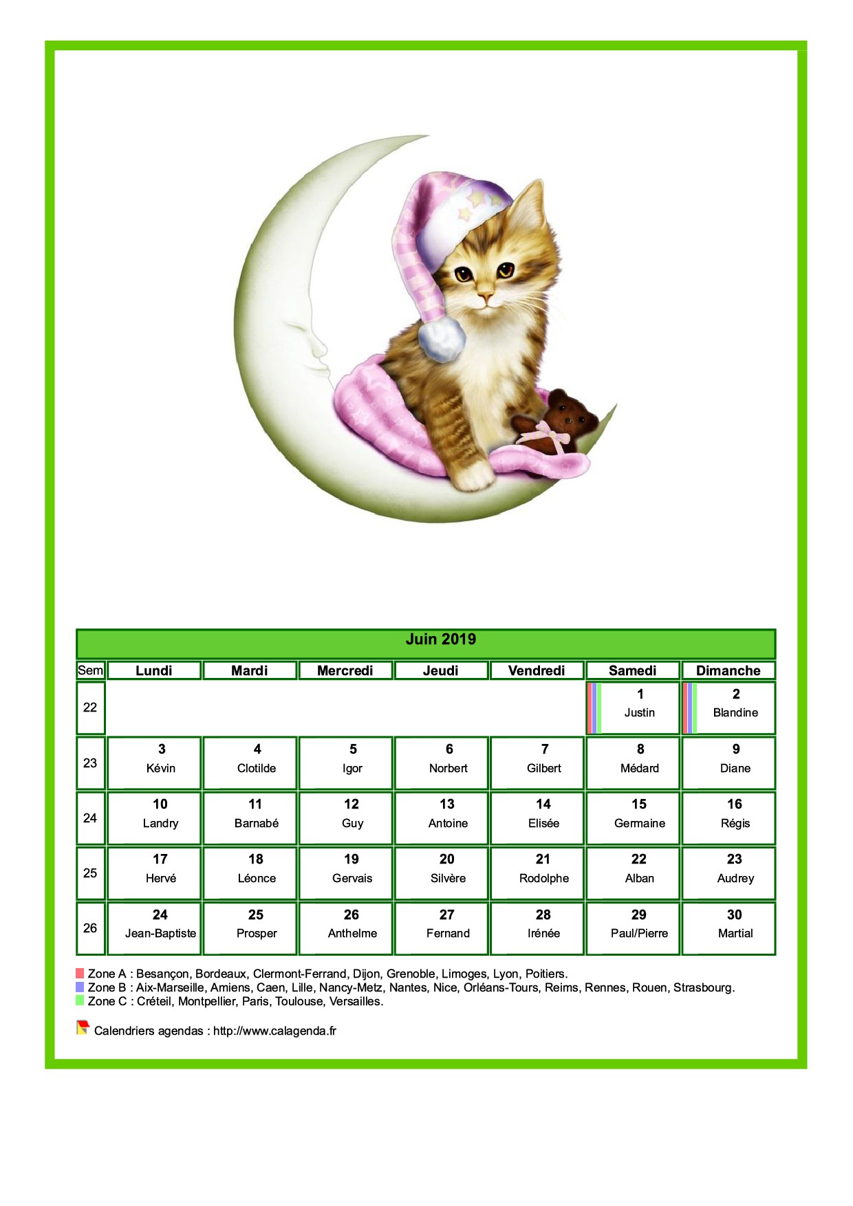 Calendrier juin 2019 chats