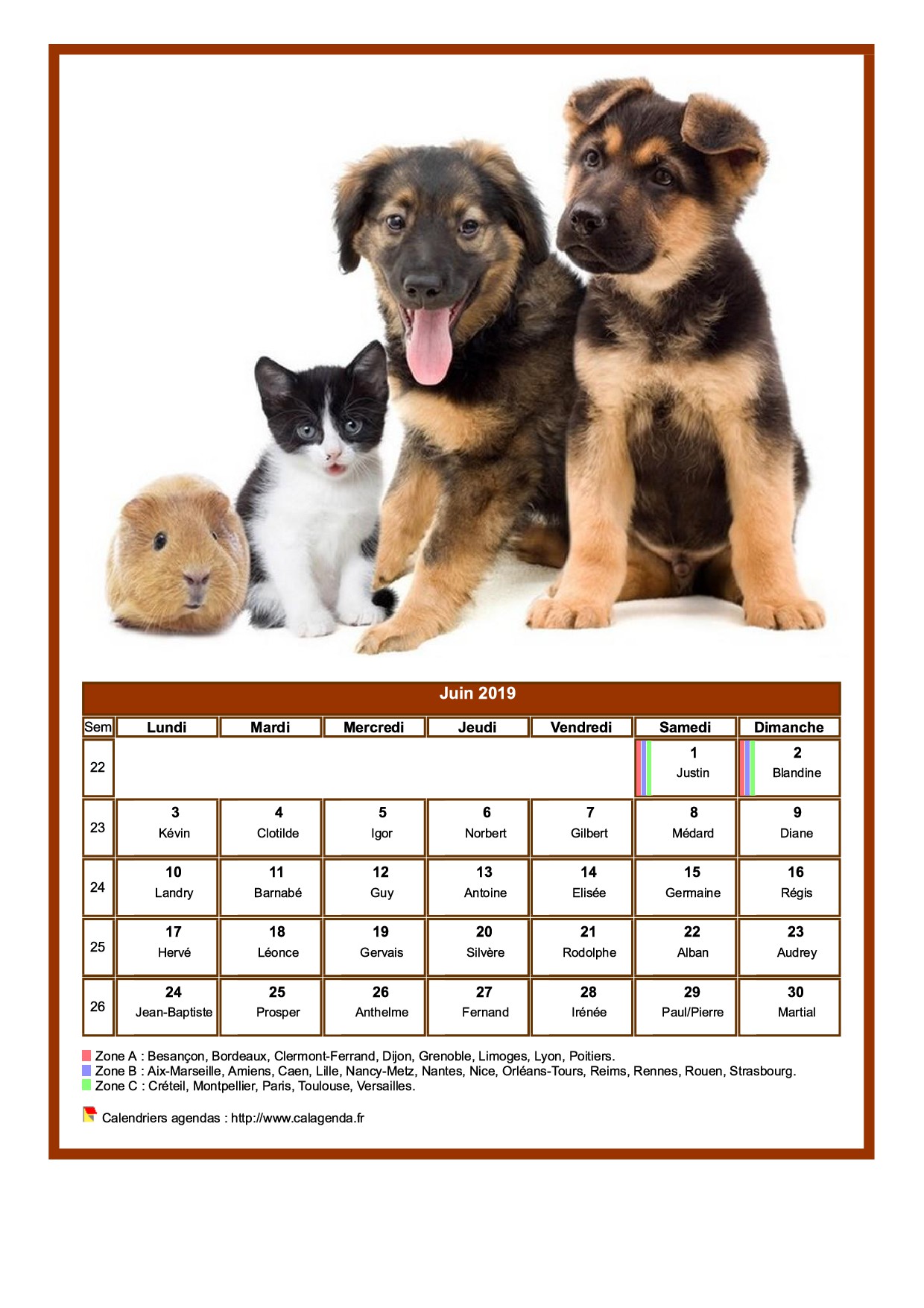 Calendrier juin 2019 chiens