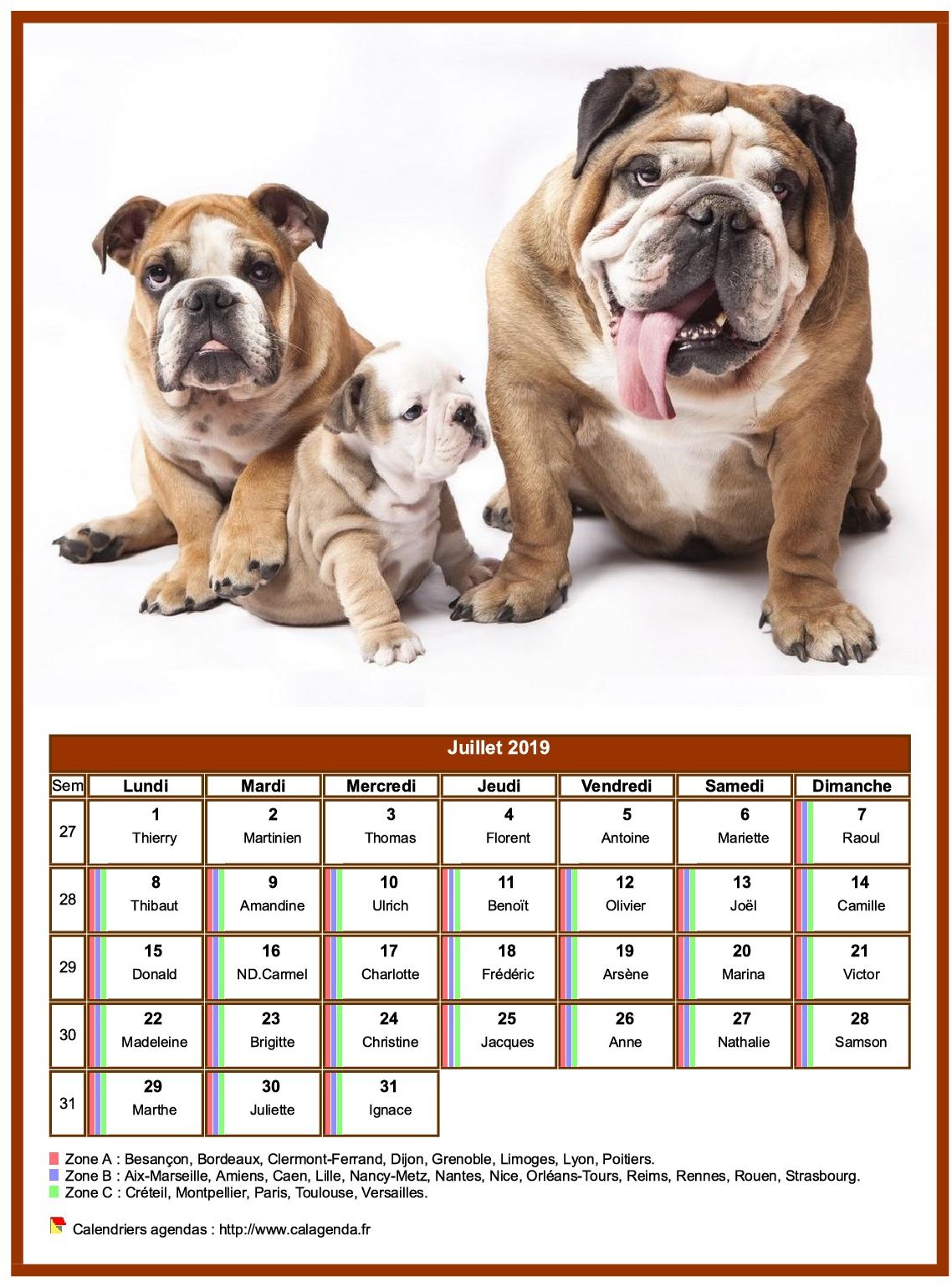 Calendrier juillet 2019 chiens