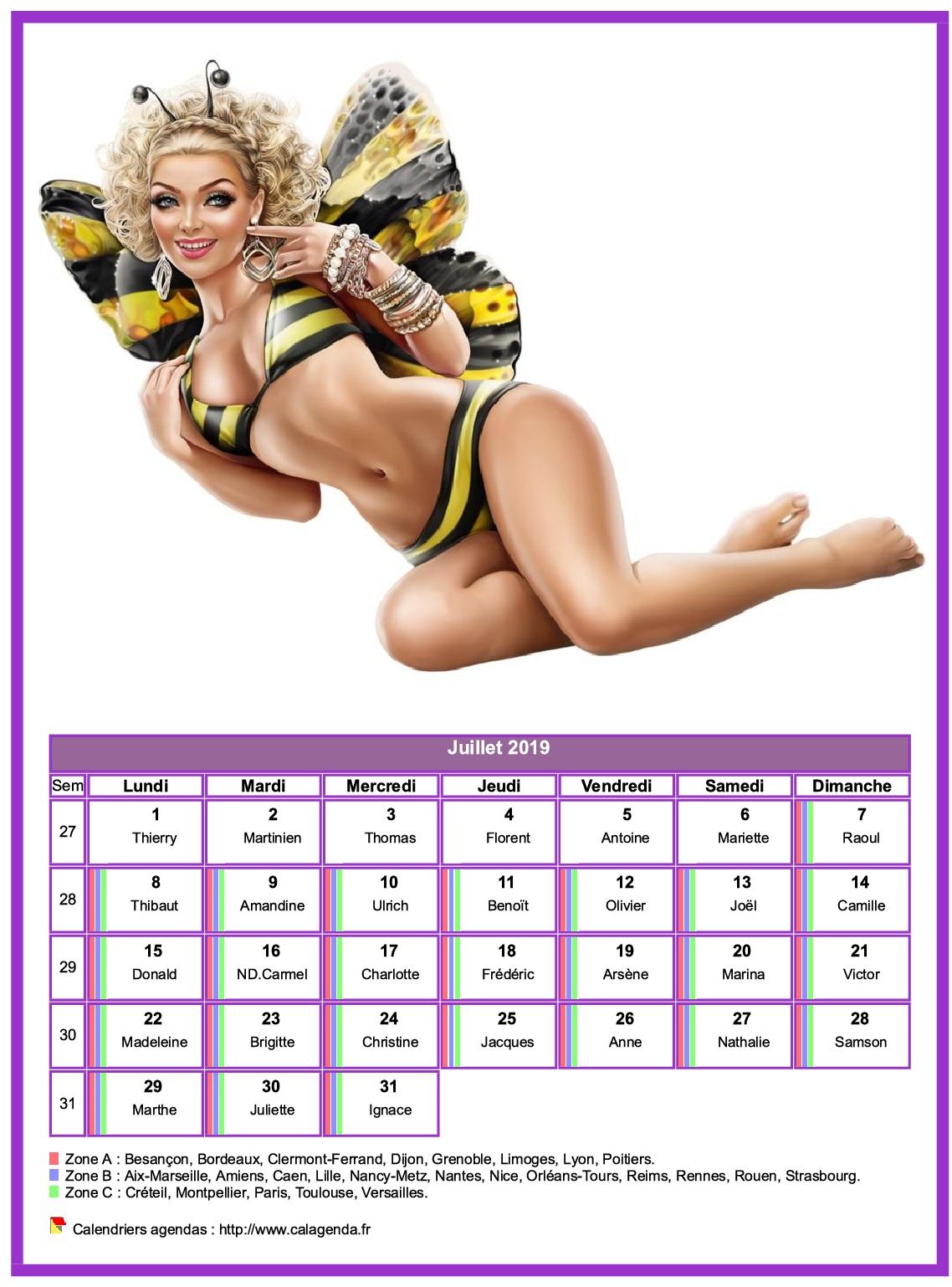 Calendrier juillet 2019 femmes