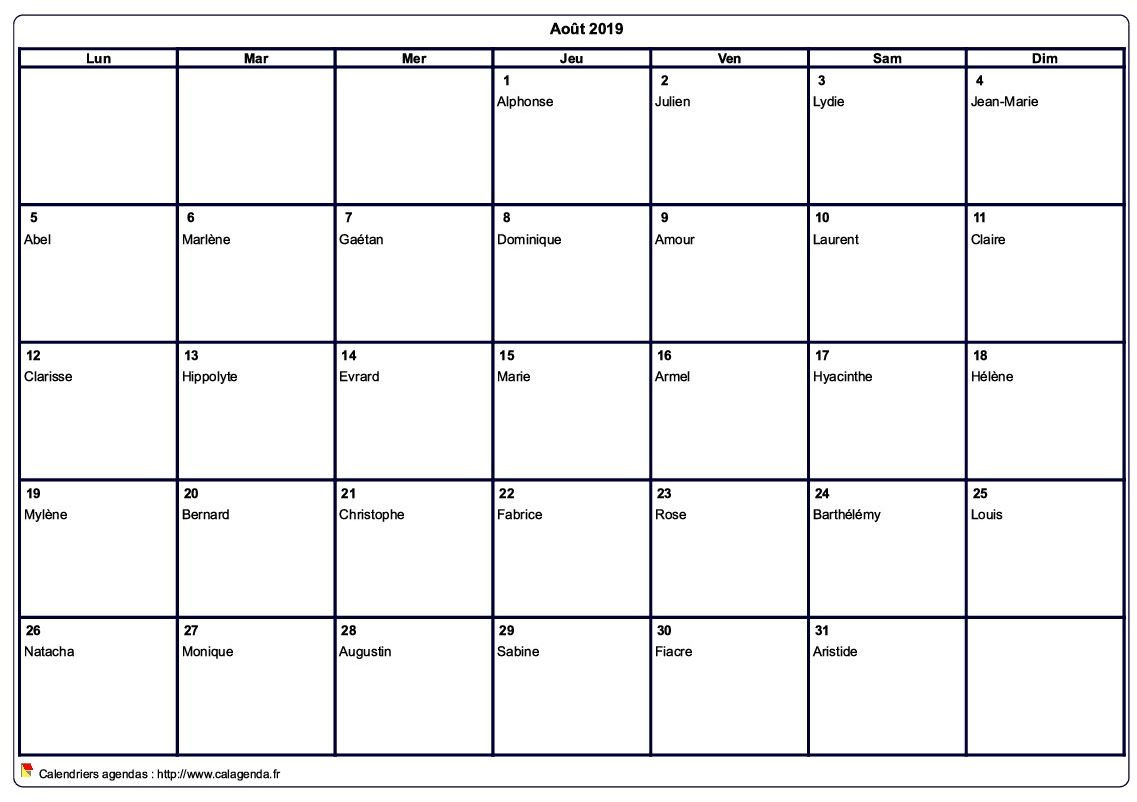 Calendrier août 2019 à imprimer vierge, avec les fêtes Calendrier août 2019 à imprimer vierge, avec les fêtes