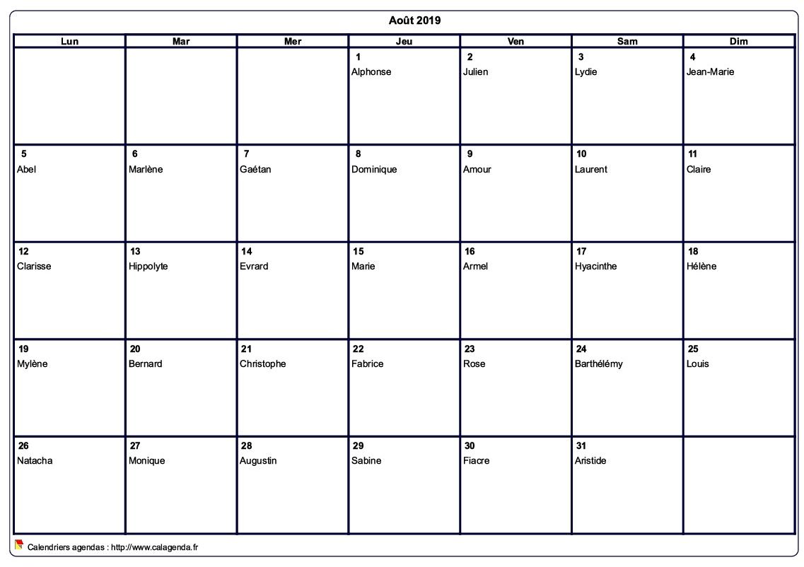 Calendrier août 2019 à imprimer vierge, avec les fêtes