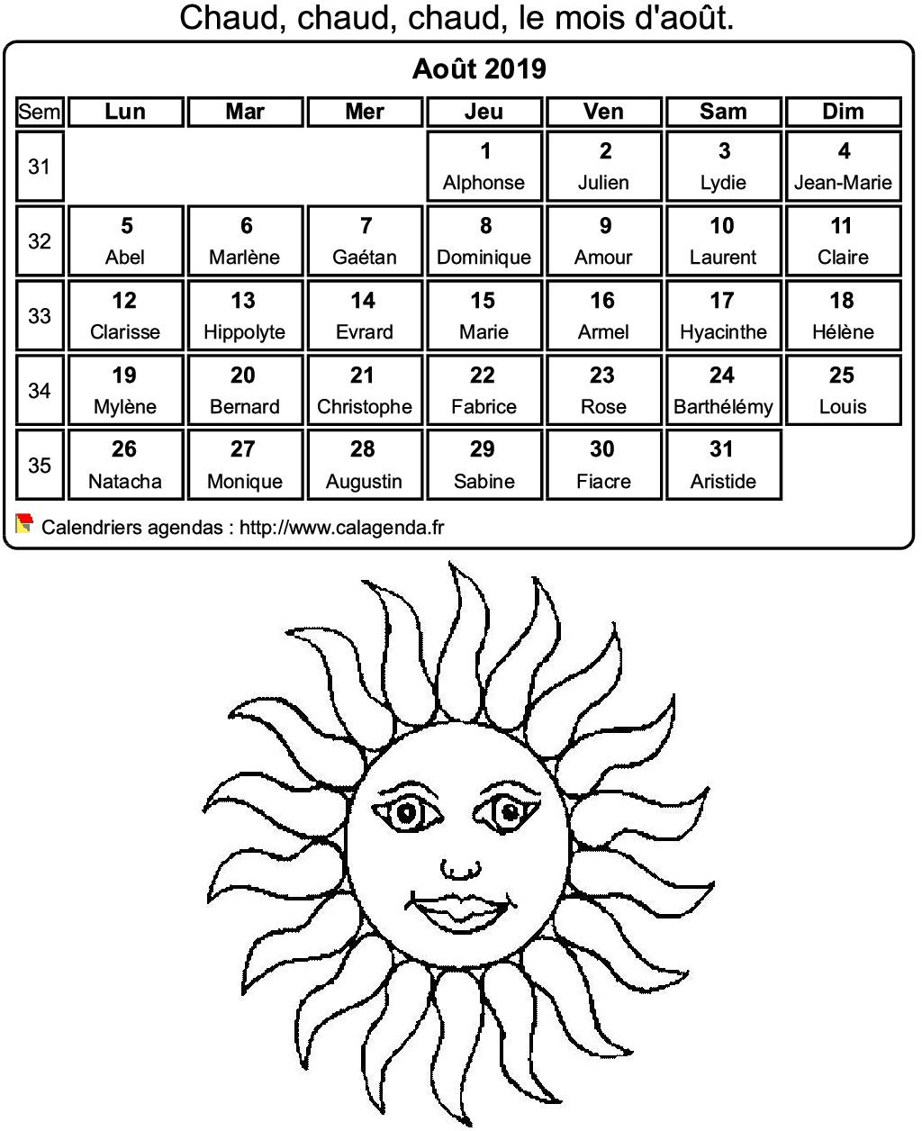 Calendrier 2019 à colorier du mois d'août