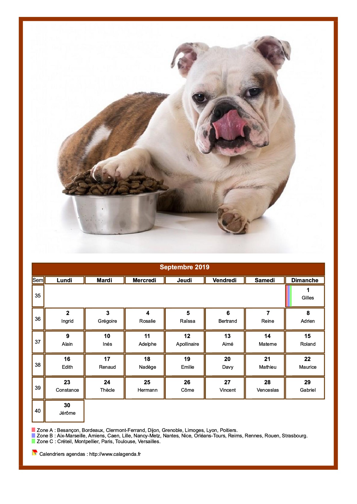 Calendrier septembre 2019 chiens