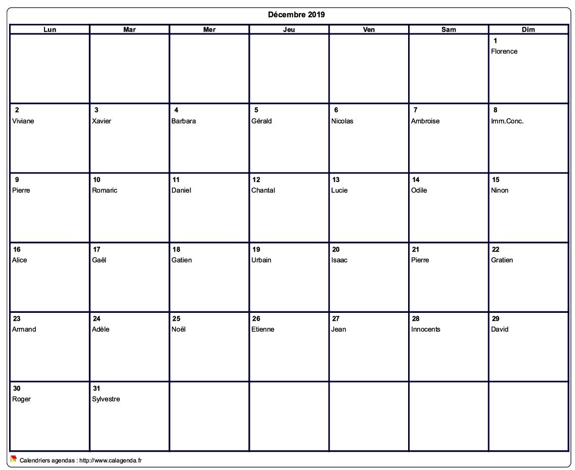 Calendrier décembre 2019 à imprimer vierge, avec les fêtes