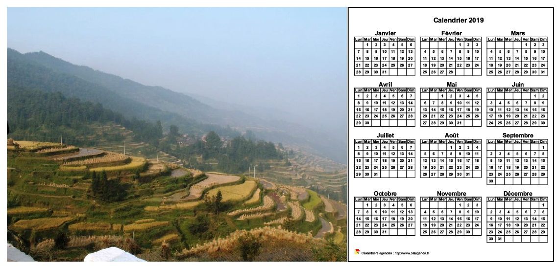 Calendrier 2019 annuel à imprimer, format paysage, une ligne par trimestre, à droite d'une photo