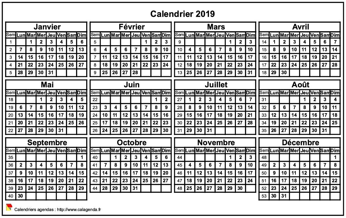 Calendrier 2019 format paysage