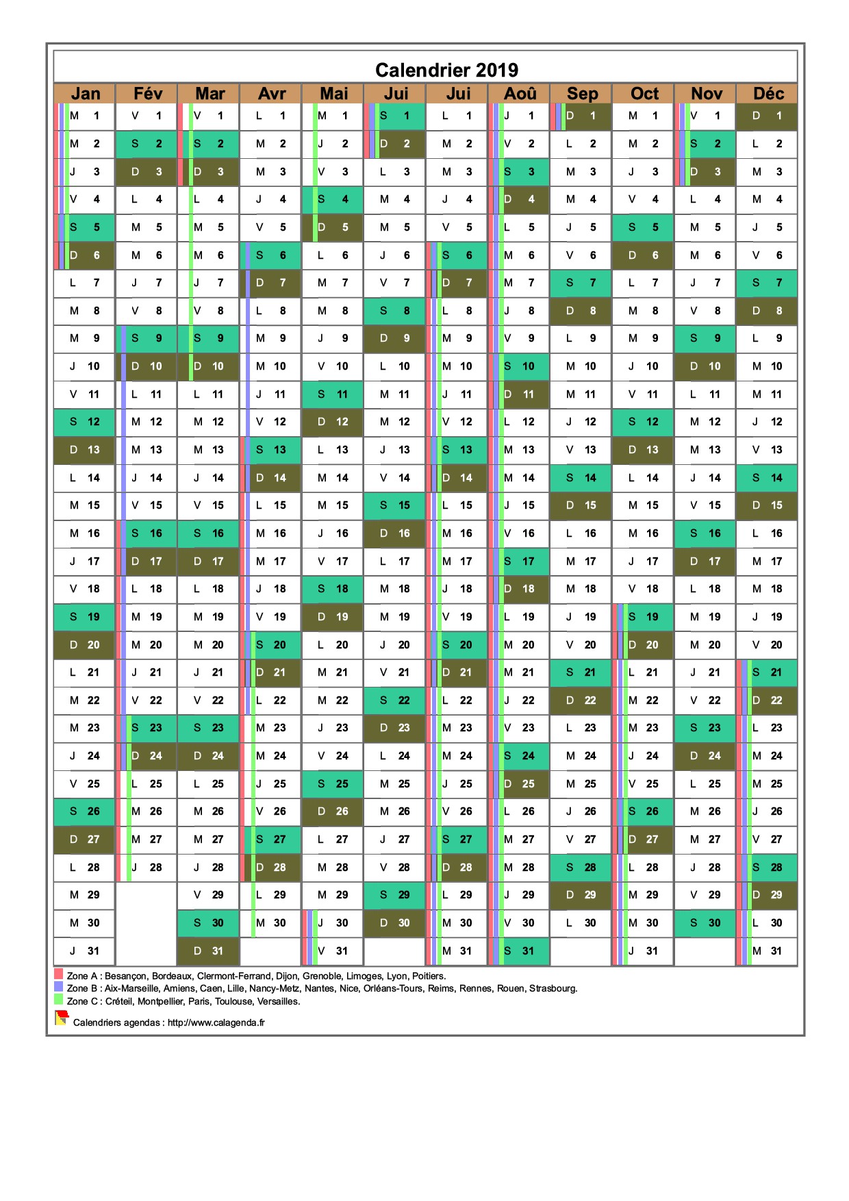 Calendrier 2019 annuel, 12 colonnes, avec les vacances scolaires