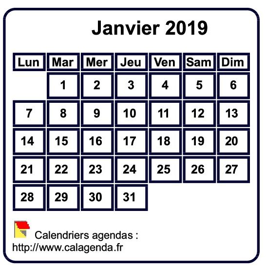 Calendrier mensuel 2019 à imprimer, fond blanc, taille mini, format poche, spécial portefeuille