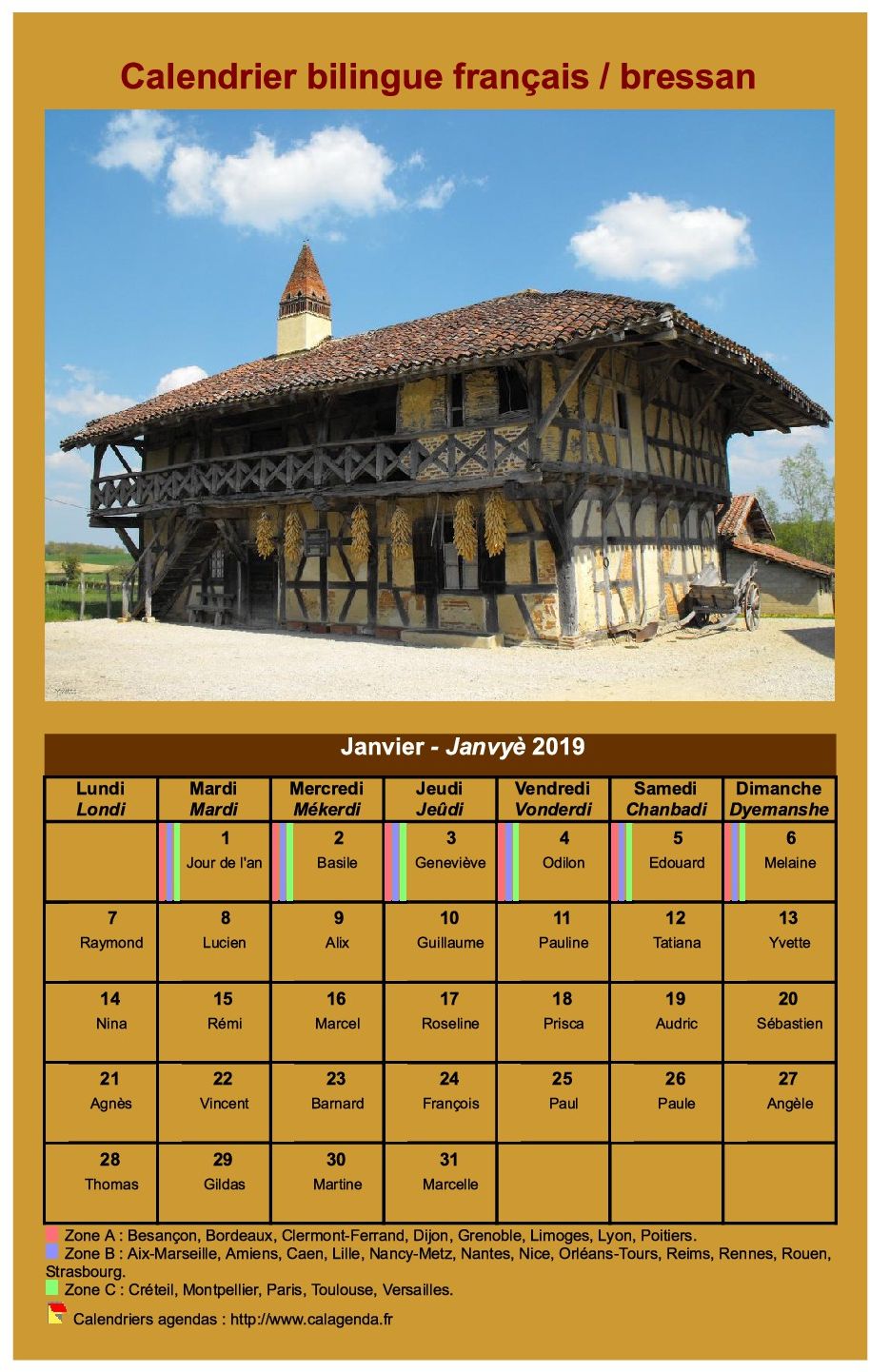 Calendrier mensuel 2019 en patois bressan