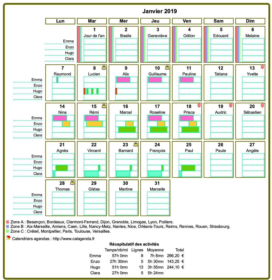 Calendrier planning mensuel détaillé