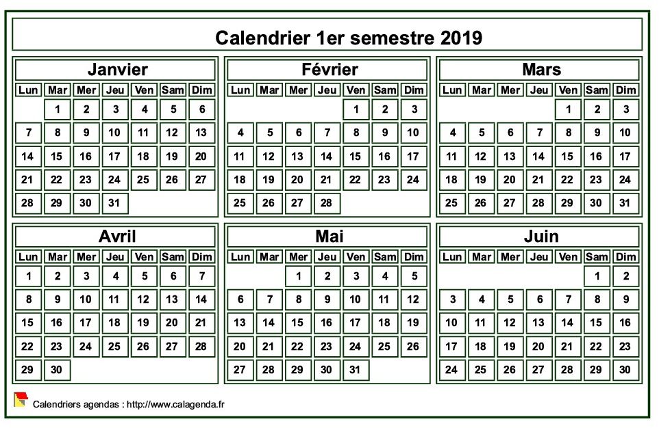 Calendrier 2019 à imprimer, semestriel, format mini de poche, fond blanc Calendrier 2019 à imprimer, semestriel, format mini de poche, fond blanc