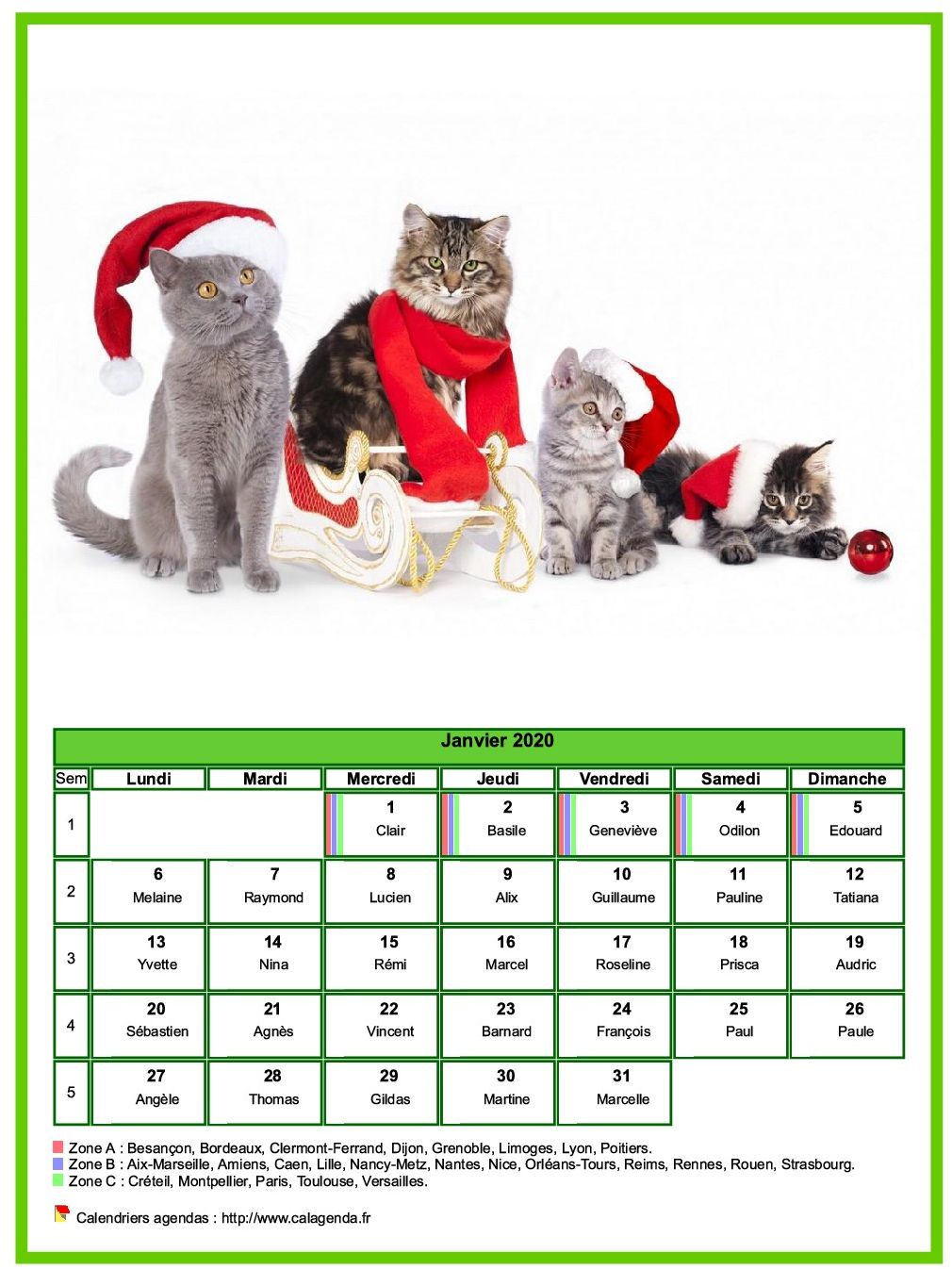 Calendrier janvier 2020 chats
