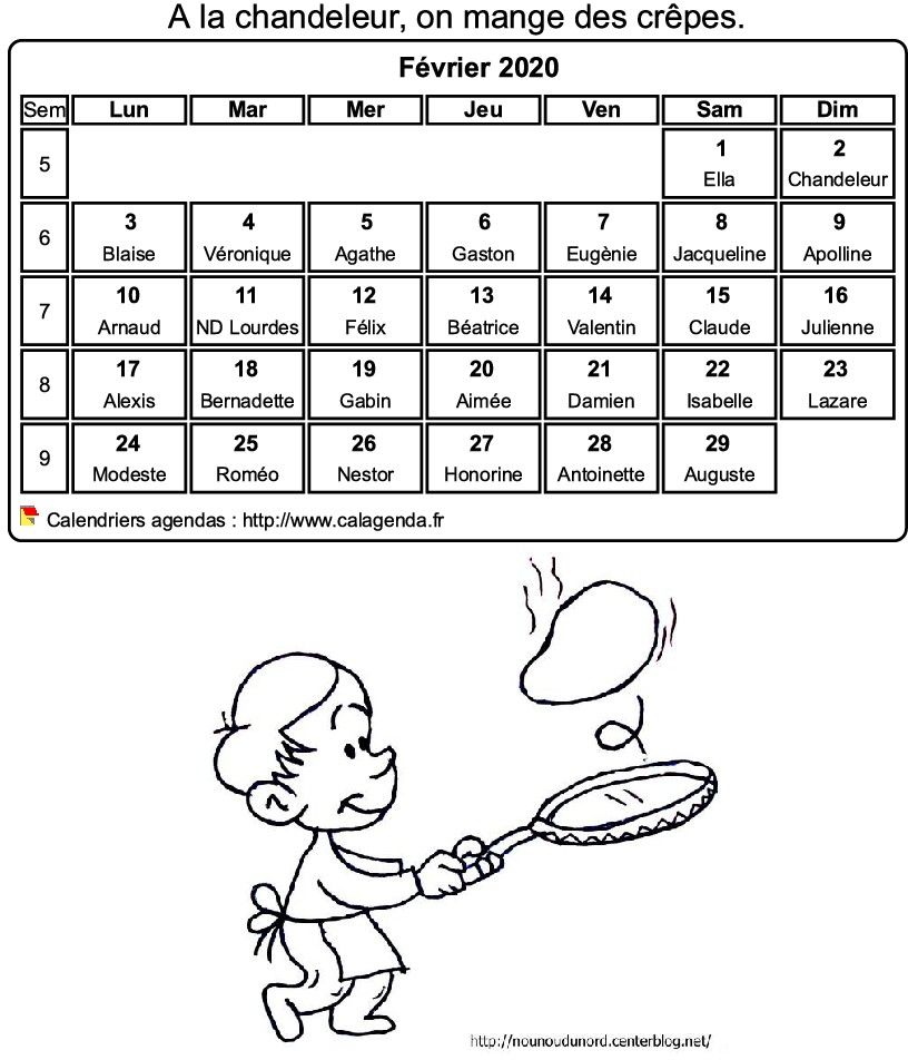 Calendrier 2020 à colorier du mois de février