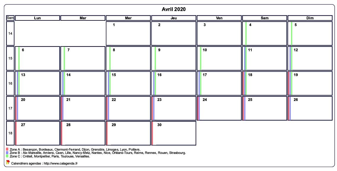 Calendrier avril 2020 personnalisable avec les vacances scolaires