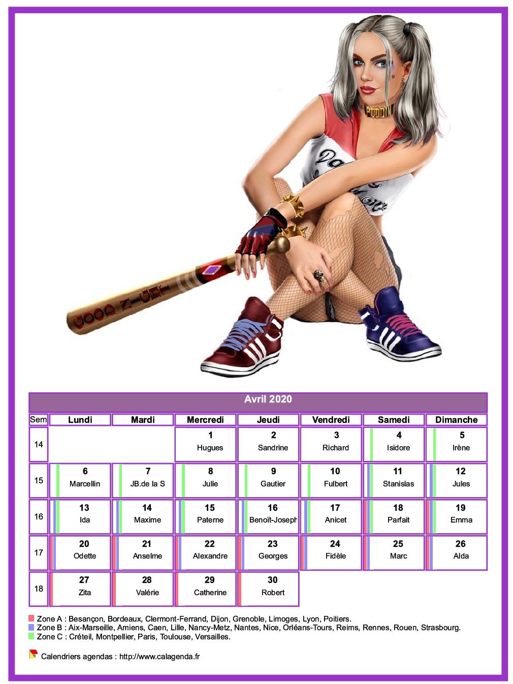 Calendrier avril 2020 femmes